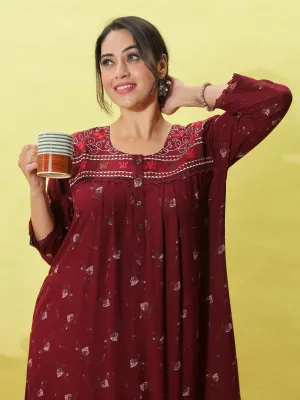 Alpine Maroon Designer Nighty for Women With Breathable & Stylish