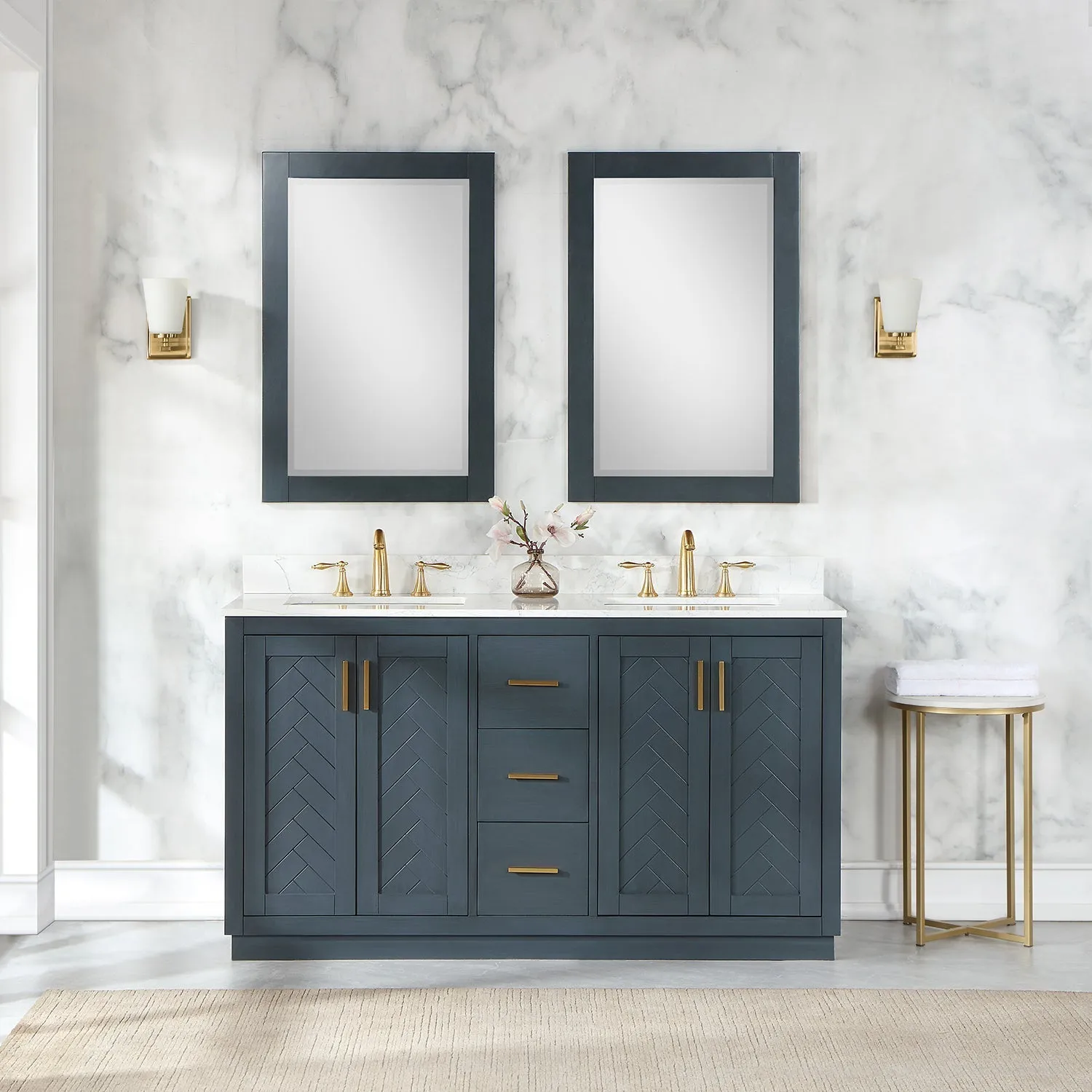 Altair Designs Gazsi 60" Double Bathroom Vanity Set with Grain White Composite Stone Countertop - 543060-BN-GW-NM