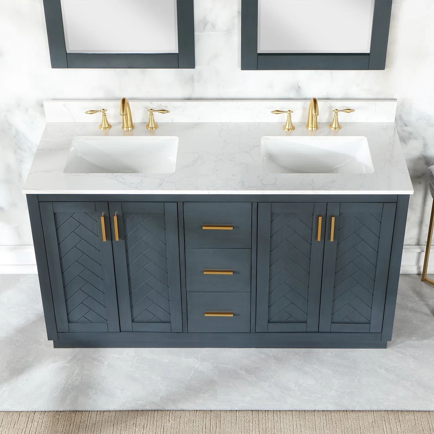 Altair Designs Gazsi 60" Double Bathroom Vanity Set with Grain White Composite Stone Countertop - 543060-BN-GW-NM