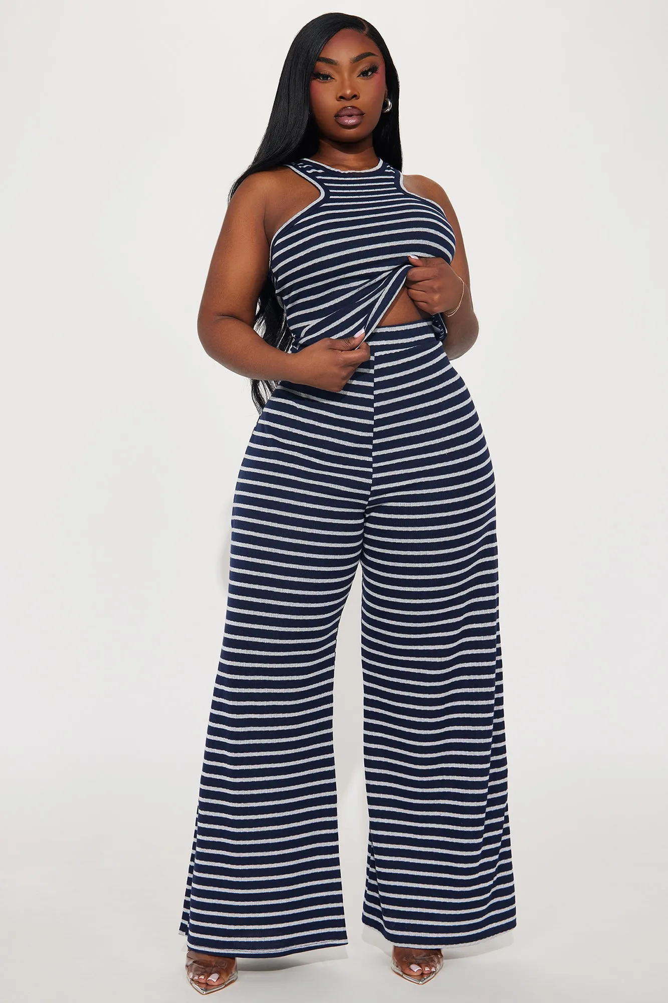 Always Into Me Striped Pant Set - Navy/combo