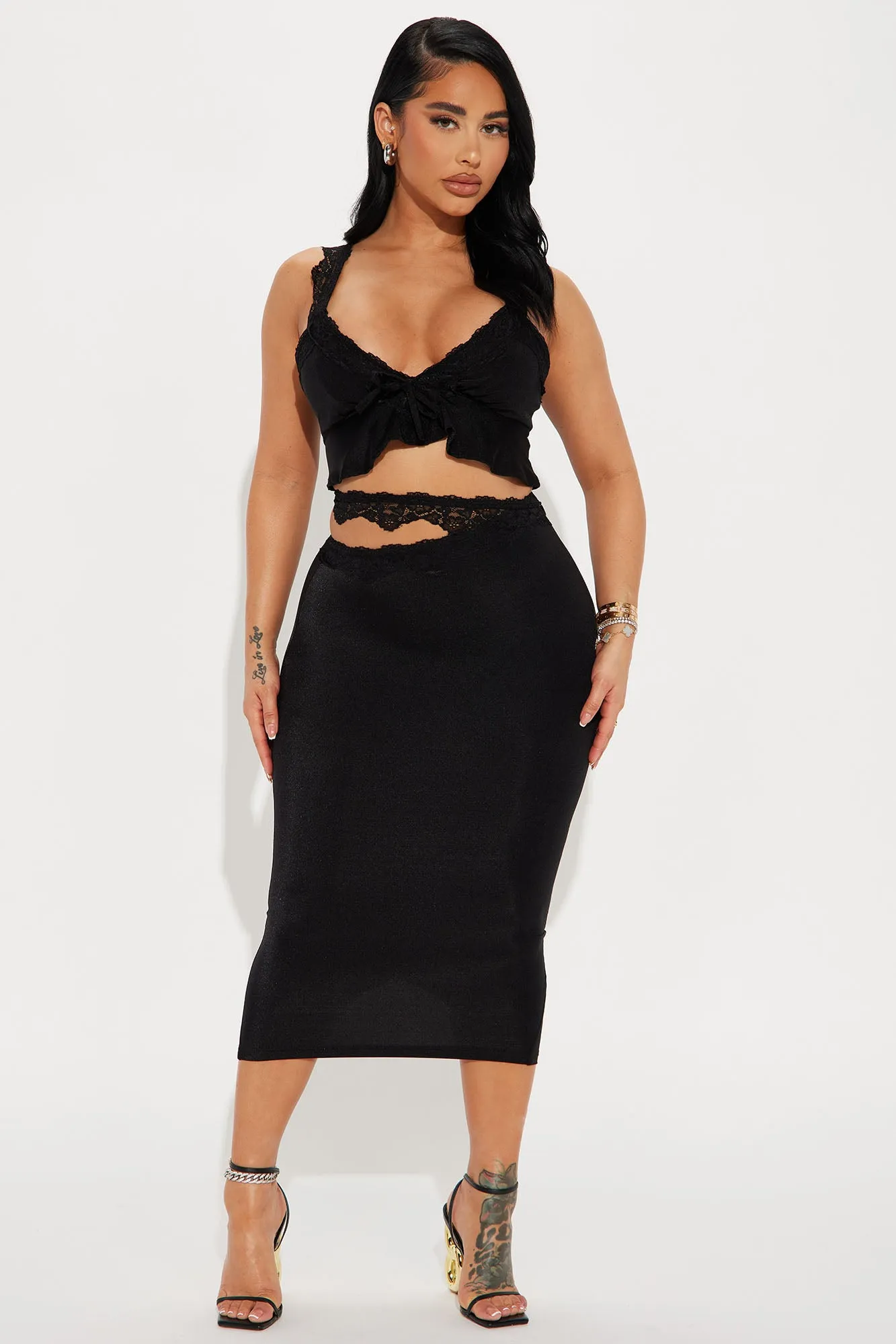 Always Lovely Satin Midi Skirt Set - Black