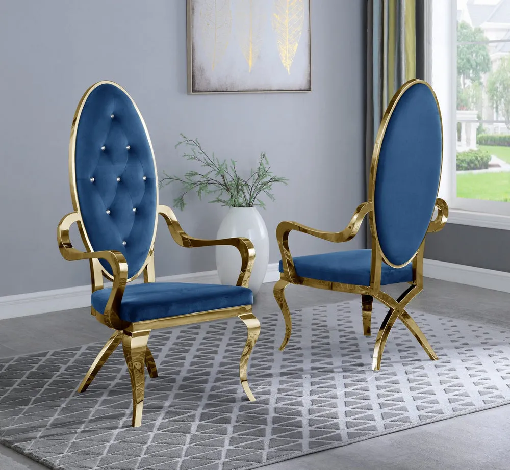 Alyse 2 Navy Blue Velvet/Gold Metal Arm Chairs