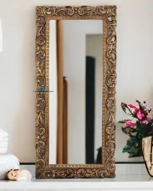 A.M INTERNATIONAL Wooden Mirror Frame for Wall Decoration | Wall Mirror for Bedroom | Antique Mirror Full Length |, Wall Mount| Mango Wood. (Antique Gold, 5x2.5) (6x3 FT)