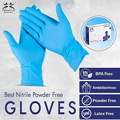 AM SAFE-X delivering the best Nitrile Powder-Free Gloves, Blue -100 Pieces (Large), Pack of 1