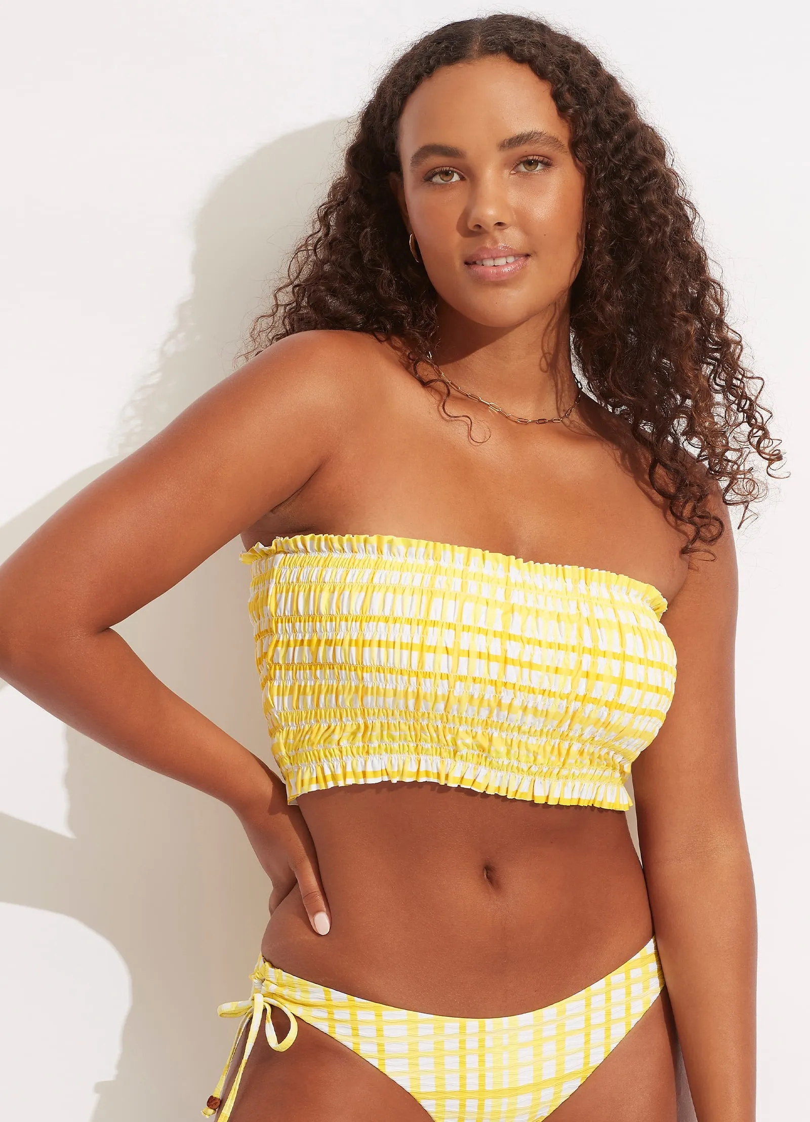 Amalfi Check Shirred Long Line Bandeau - Lime Light