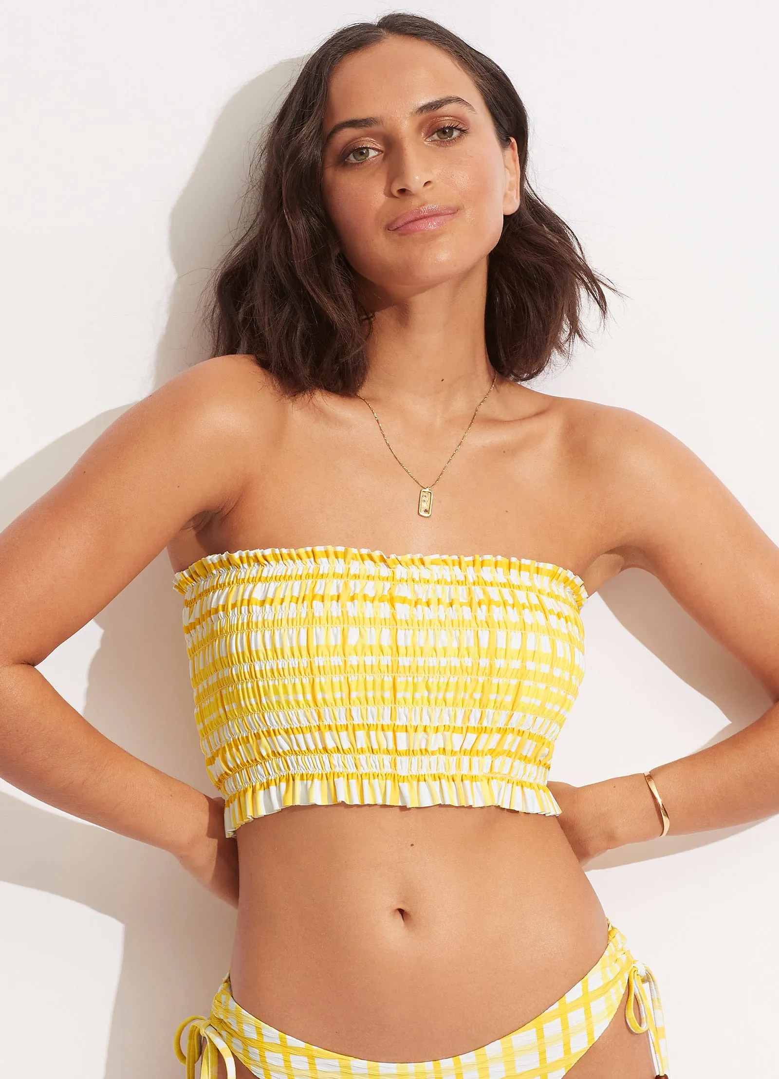 Amalfi Check Shirred Long Line Bandeau - Lime Light