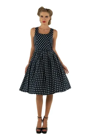 Amanda Scoop Neck Swing Dress in Navy Blue Polka Dot Print