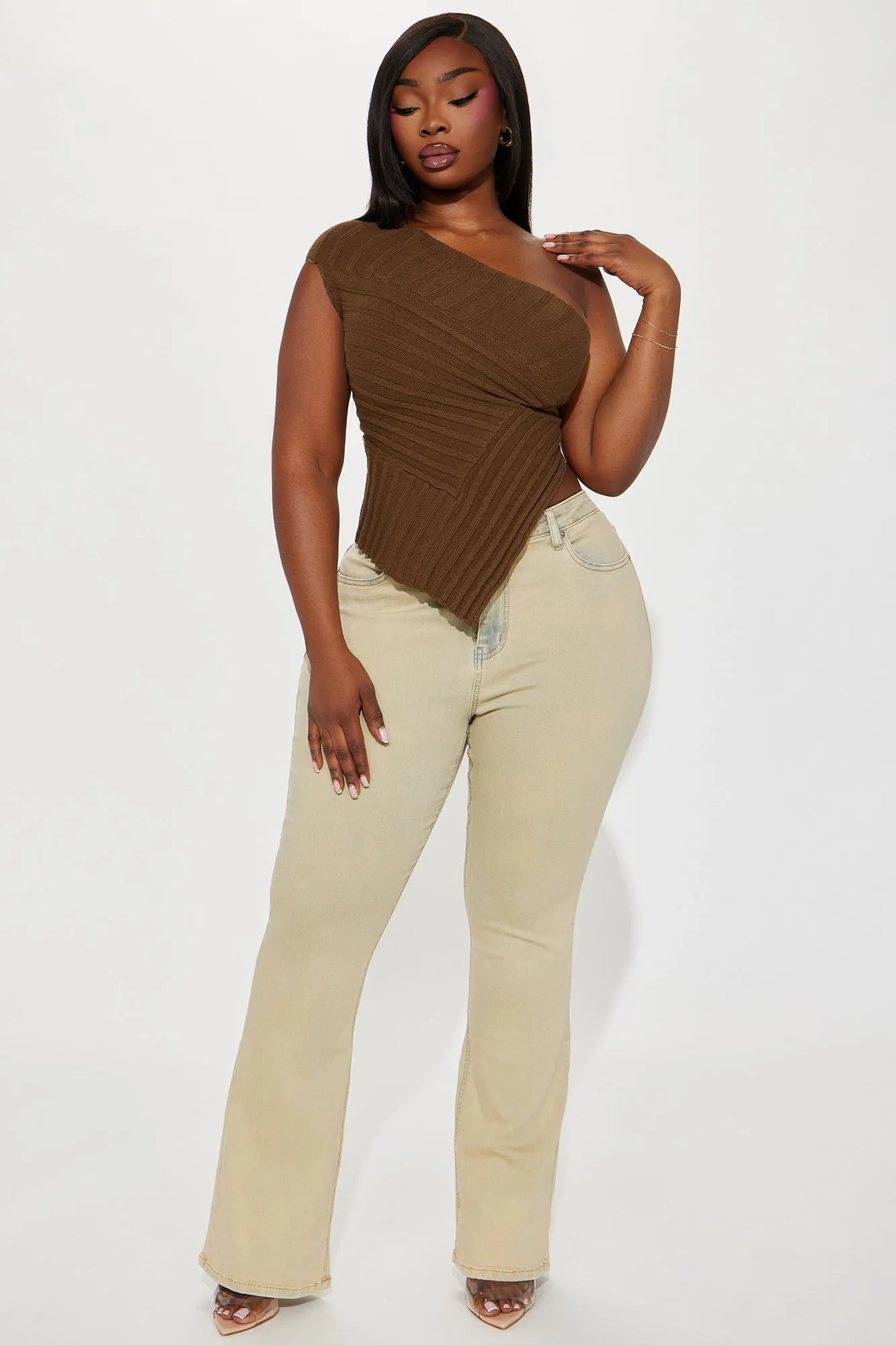 Amaya One Shoulder Sweater Top - Chocolate