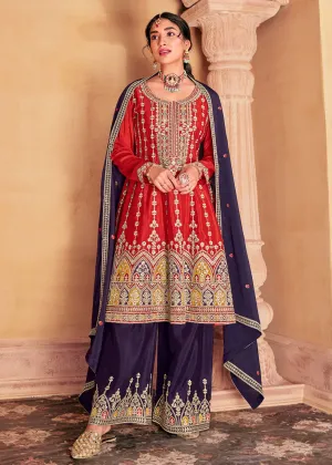 Amazing Red Heavy Chinnon Embroidered Palazzo Style Suit