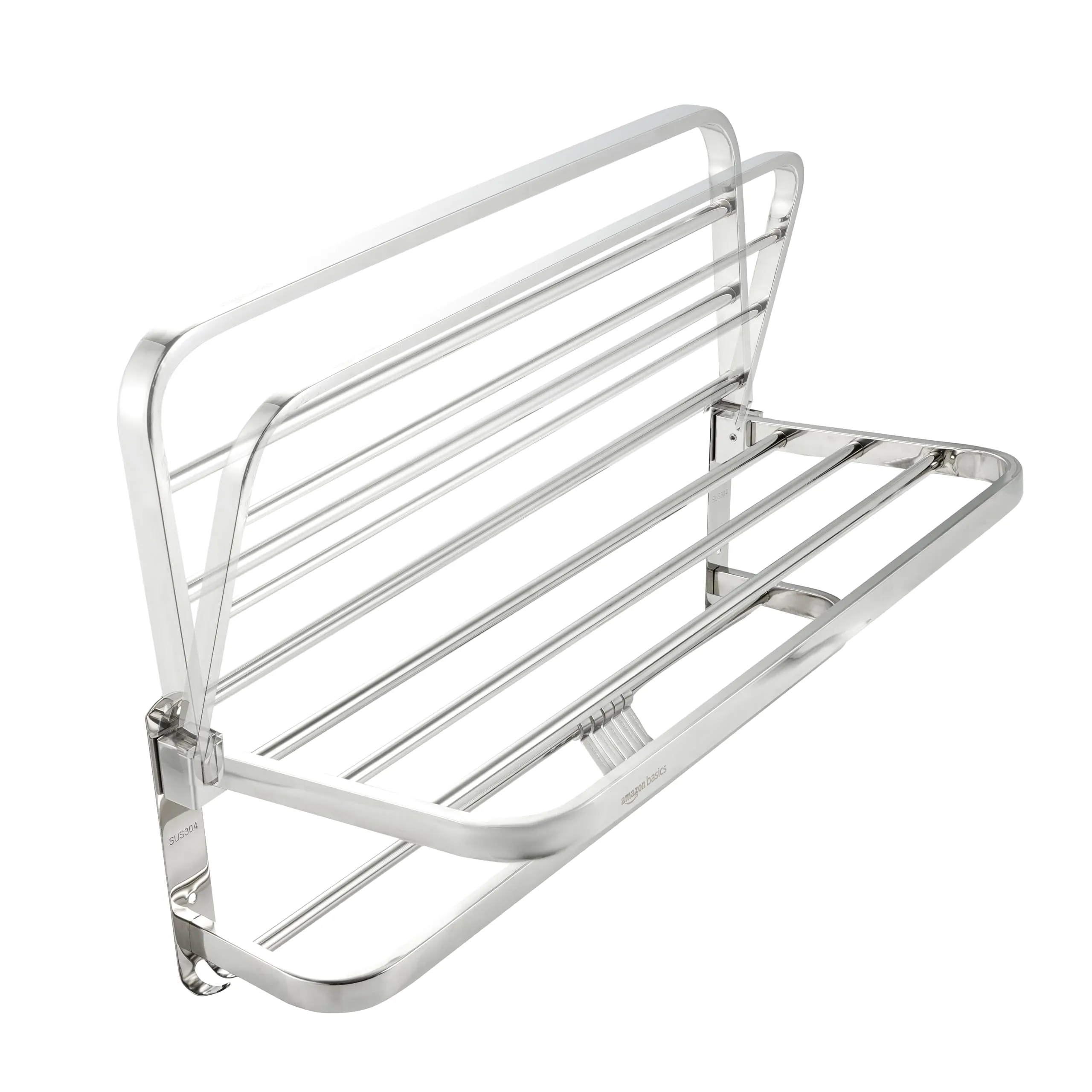 Amazon Basics Bathroom Accessories Stainless Steel 304 Grade | Dual Folding Towel Rack for Bathroom/Towel Stand/Hanger/Bathroom Organizer with 5 Hooks | 24 Inch, Chrome Finish