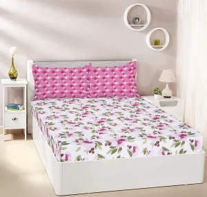 Amazon Brand - Solimo Celestial Delight 140 TC 100% Cotton Double Bedsheet with 2 Pillow Covers, Soft and Smooth (Floral, White and Pink)