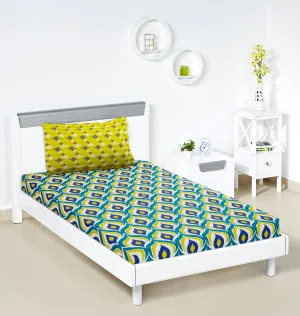 Amazon Brand - Solimo Natural Bounty 144 TC 100% Cotton Single Bedsheet with One Pillow Cover, Soft and Smooth (Peacock Feather, Teal and Mustard Yellow)