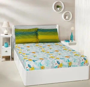 Amazon Brand - Solimo Unfold Comfort 144 TC 100% Cotton Double Bedsheet with Two Pillow Covers, Soft and Smooth (Floral, Sea Green and Yellow)