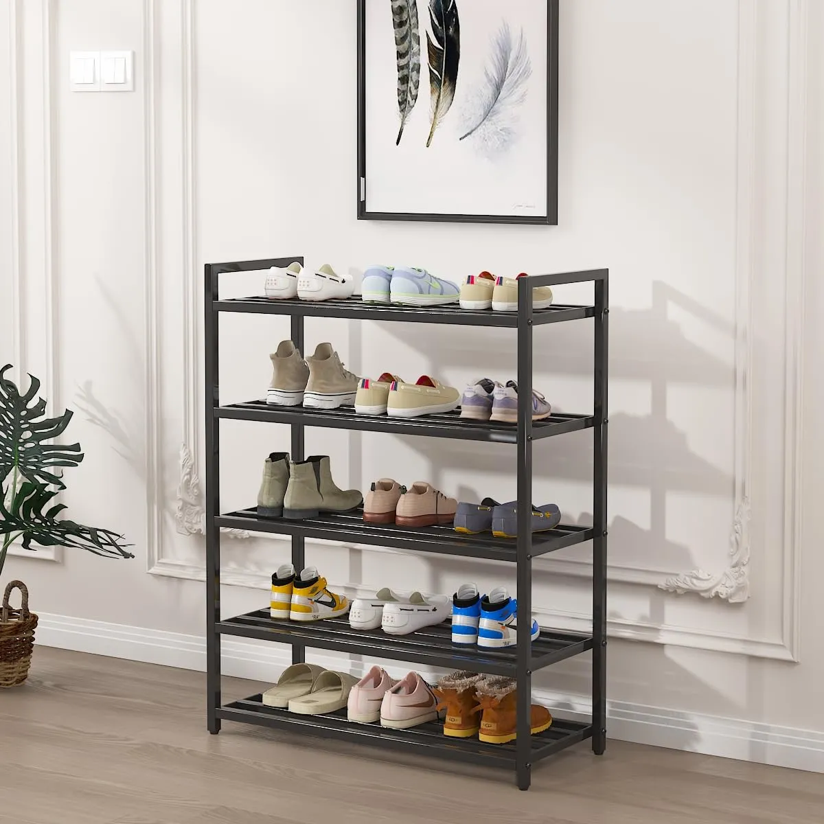 Amazon Brand – Umi 5 Layer Shoe Rack For Home Chappal Stand Sneakers Slippers Stand Footwear Space Saving Rack Bookshelf Storage Organizer Kitchen Storage Rack Portable Shoe Rack Metal Frame