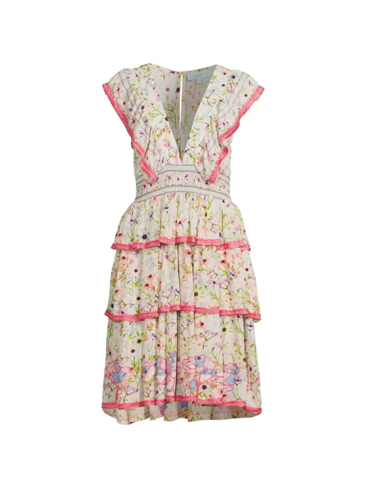 Ambretta Taj By Sabrina Tiered Floral Dress in Pink Multi