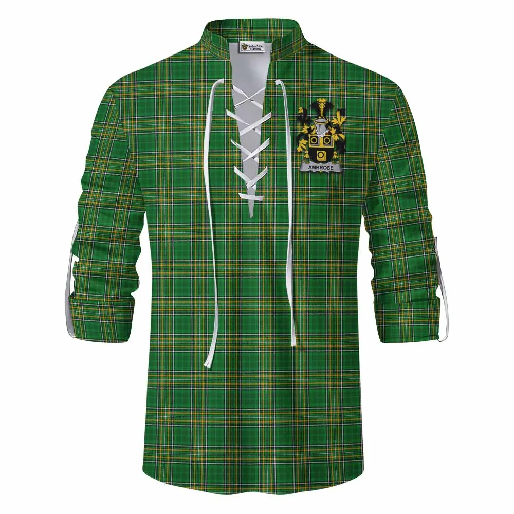 Ambrose Irish Clan Tartan Ghillie Kilt Shirt with Coat of Arms