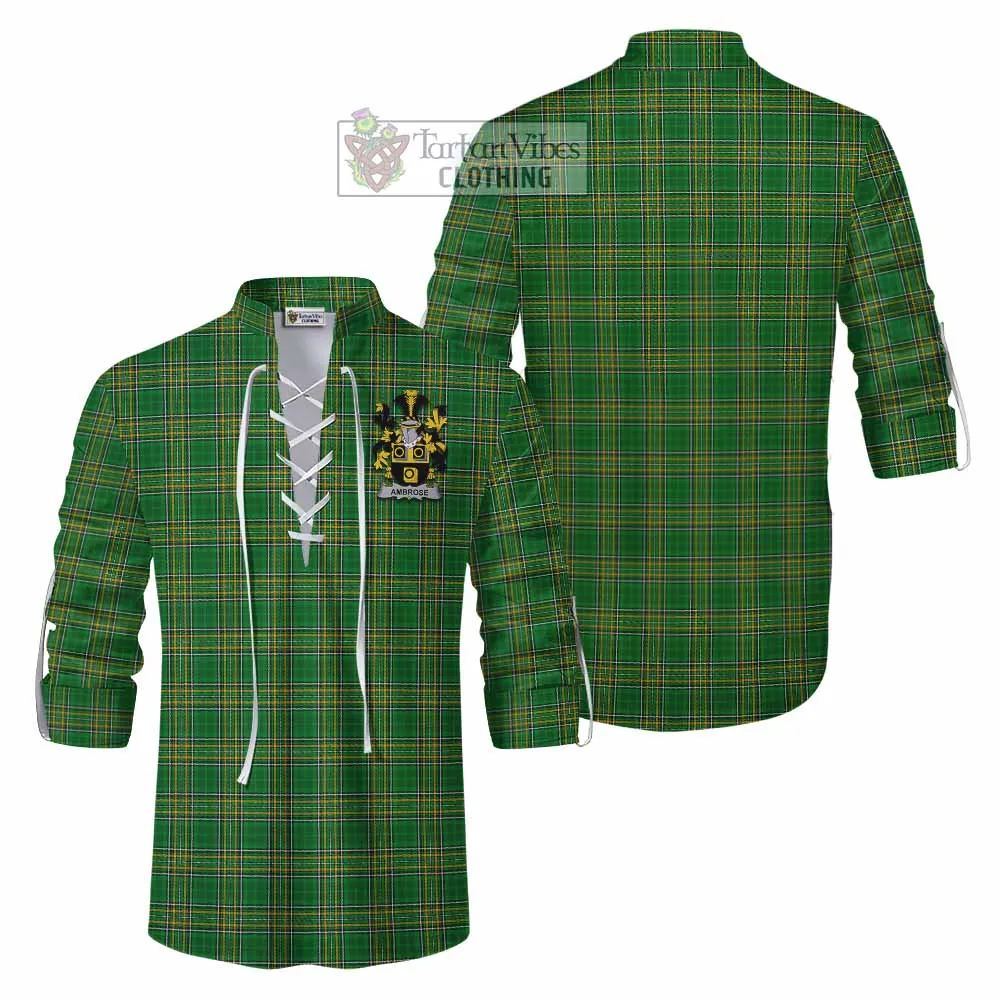 Ambrose Irish Clan Tartan Ghillie Kilt Shirt with Coat of Arms