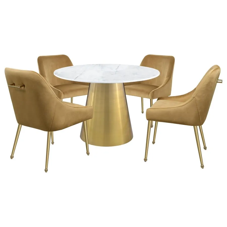 Ambrose Round Dining Table Genuine Marble with Stainless Steel White and Gold