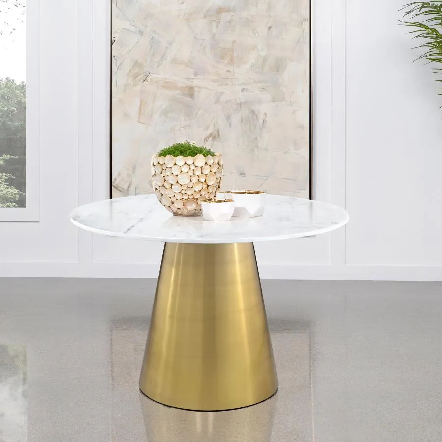 Ambrose Round Dining Table Genuine Marble with Stainless Steel White and Gold