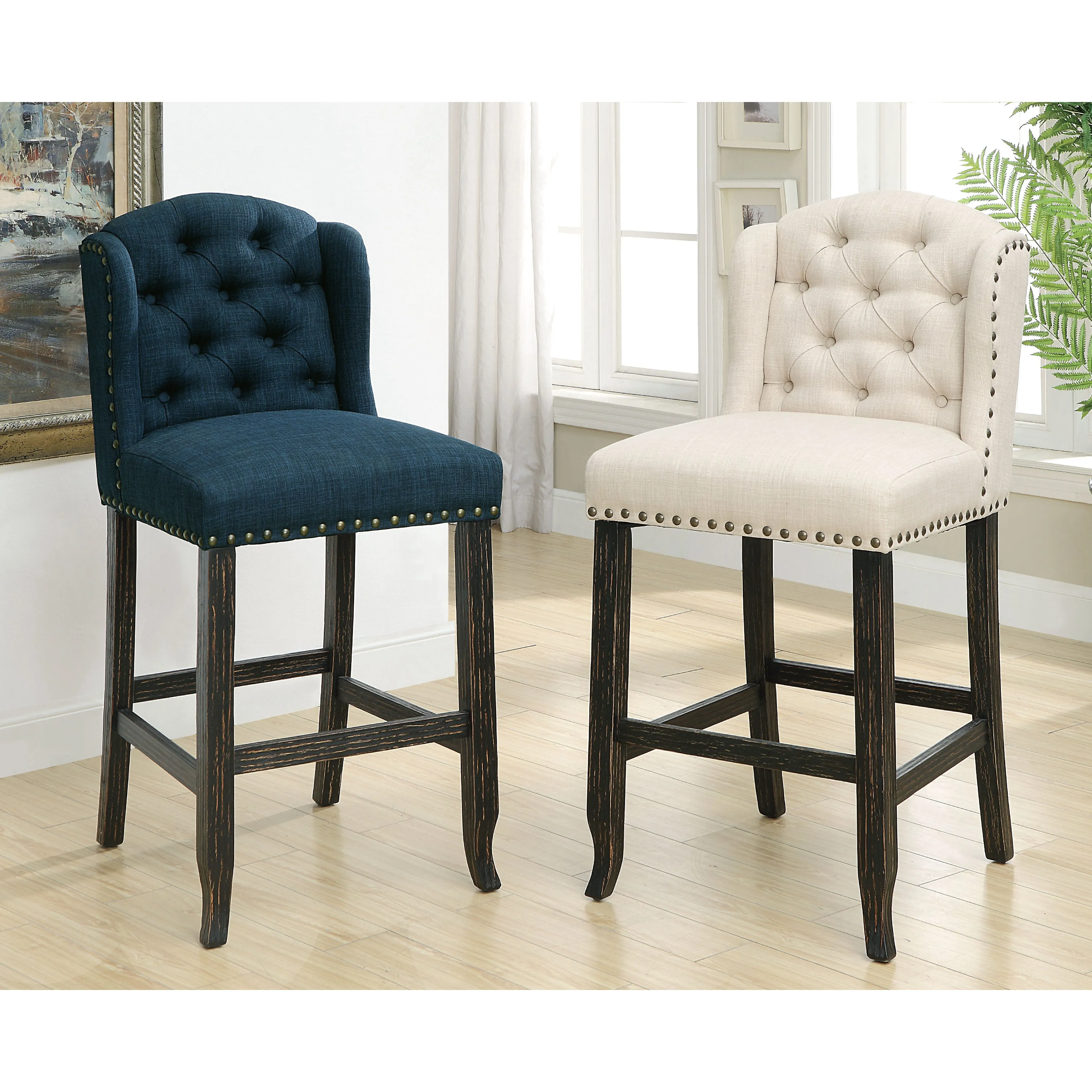 Ambrosia Button-Tufted Fabric Nailhead Wingback Bar Chairs (Set of 2)