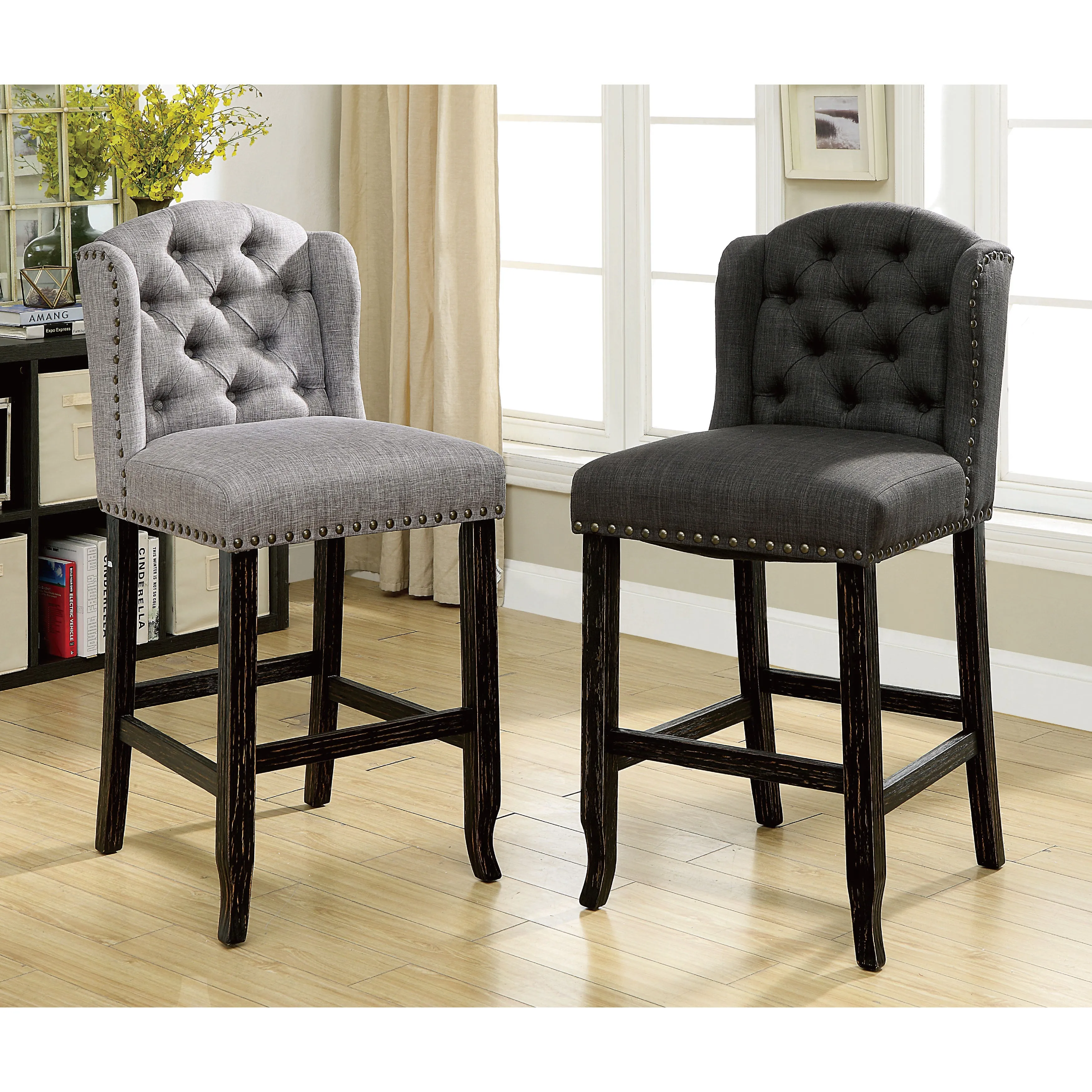 Ambrosia Button-Tufted Fabric Nailhead Wingback Bar Chairs (Set of 2)