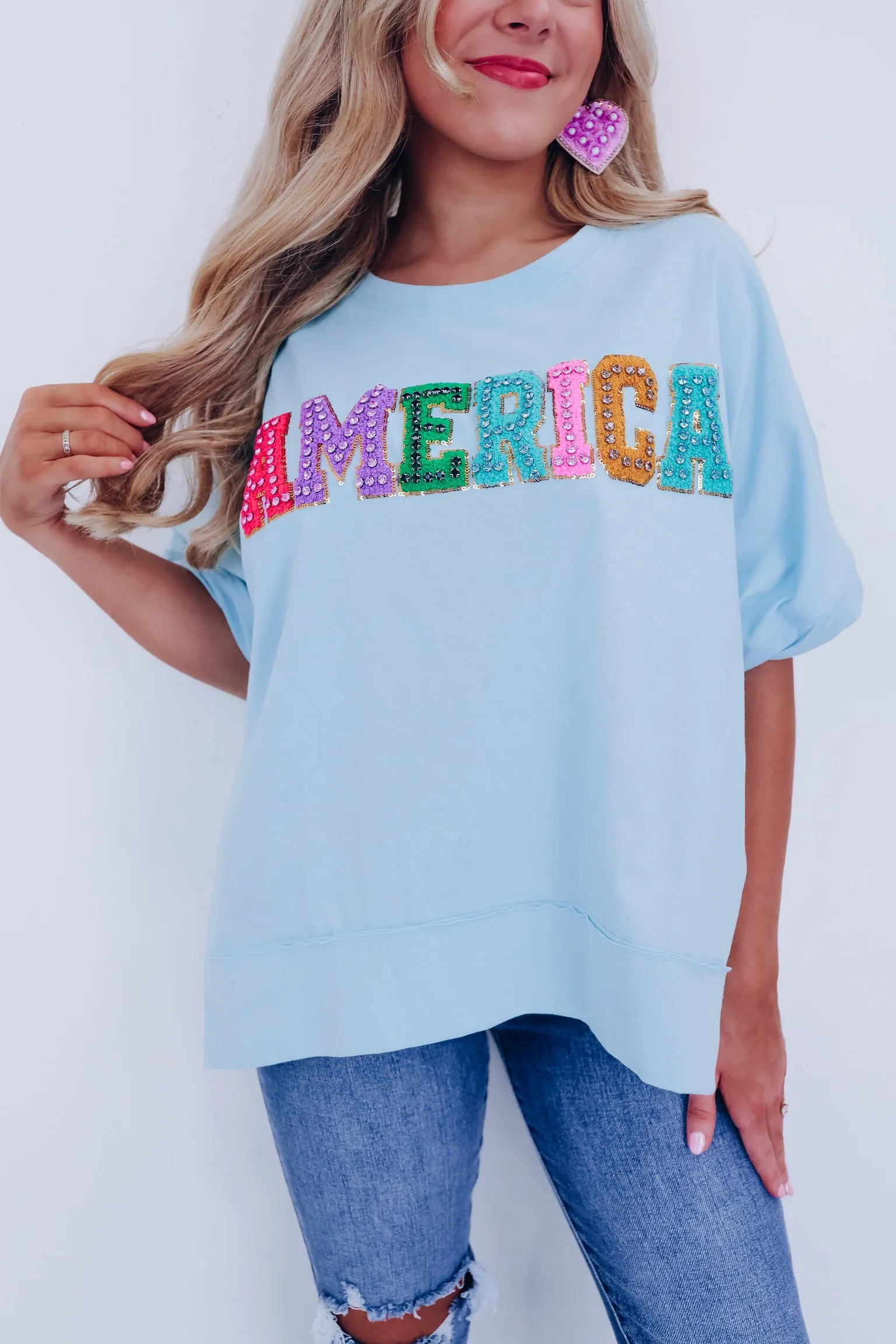 America Pastel Sequin Embroidered Top