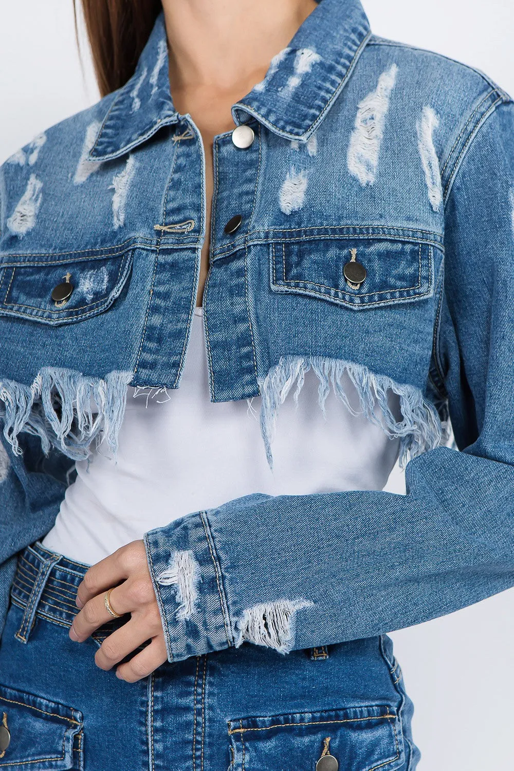 American Bazi Distressed Denim Cropped Jacket with Frayed Hem