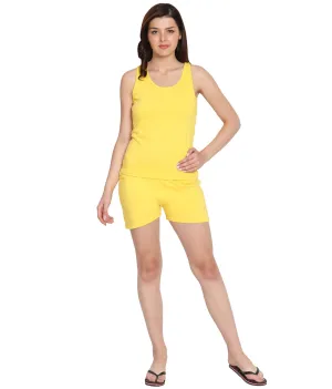 American-Elm Women's Yellow  Solid Cotton Sleeveless 2 PC Night Set