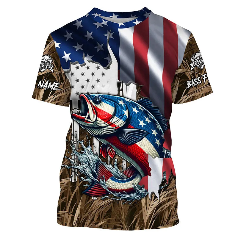 American Flag Patriotic Largemouth Bass Camo Fishing, Custom Mens Long Sleeve Shirts