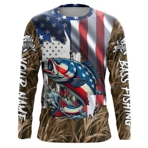 American Flag Patriotic Largemouth Bass Camo Fishing, Custom Mens Long Sleeve Shirts