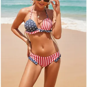 American Flag Printed Independence Day Denim Split Swimsuits Ruffled Bikini Triangle Womens Swimwear Wholesale Vendors