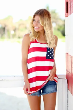 American Flag Tank Top With Back Bow And Pocket