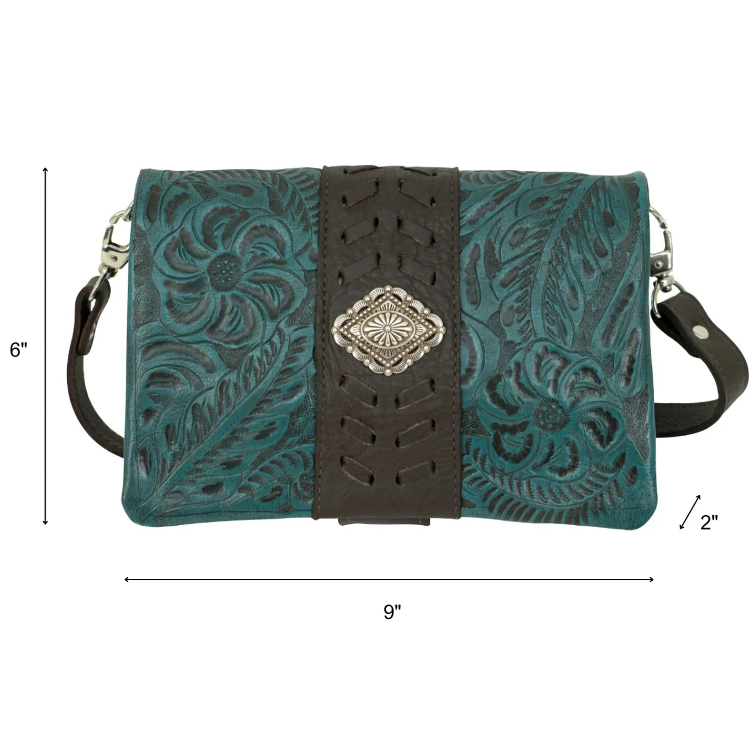 American West Womens Large Grab and Go Dark Turquoise Leather Crossbody Bag