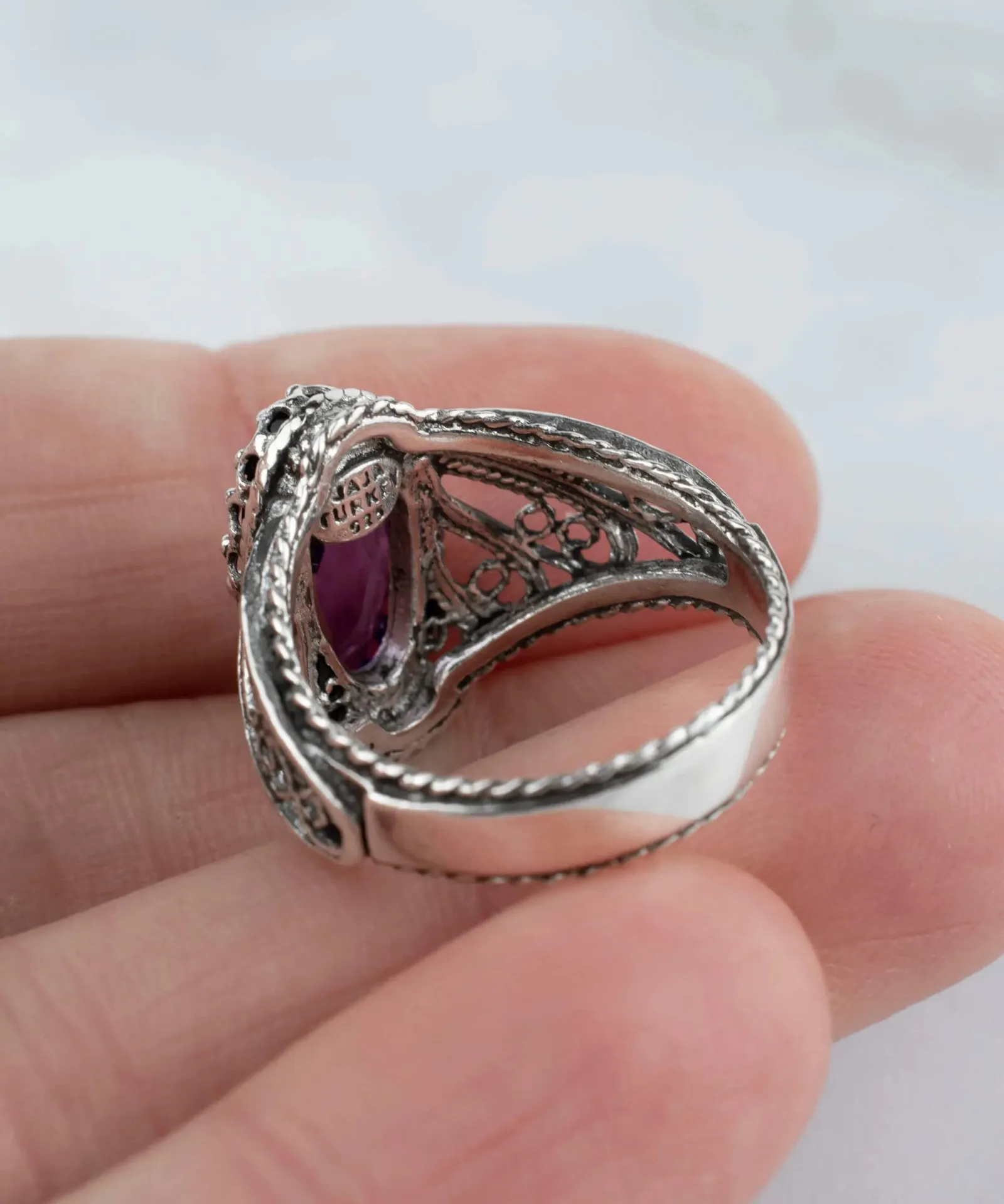 Amethyst Angel Design Silver Cocktail Ring: Filigree Art for Women