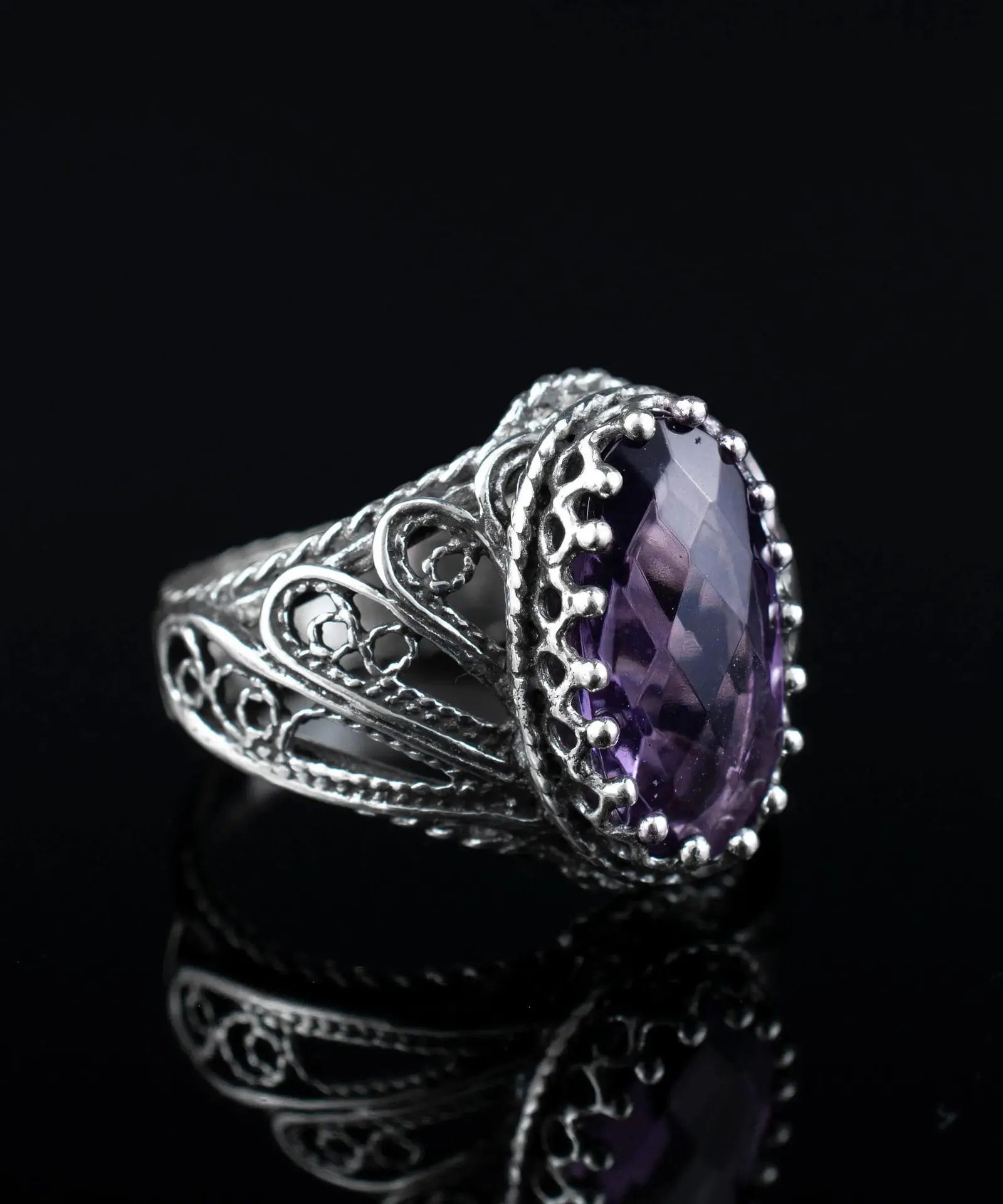 Amethyst Angel Design Silver Cocktail Ring: Filigree Art for Women