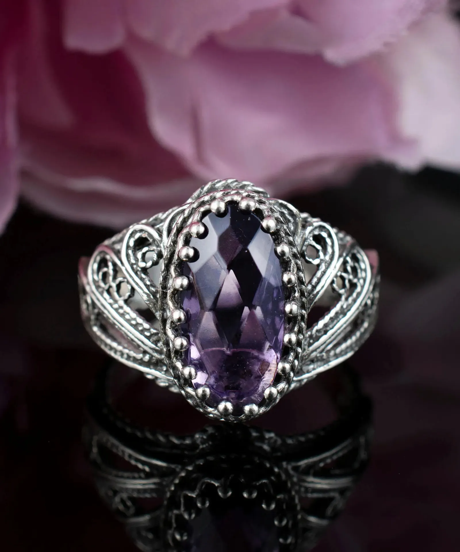 Amethyst Angel Design Silver Cocktail Ring: Filigree Art for Women