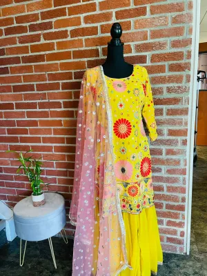 AMI109 - Party Wear Sharara Set in Yellow with Heavy Embroidery work. Comes with Pink Dupatta