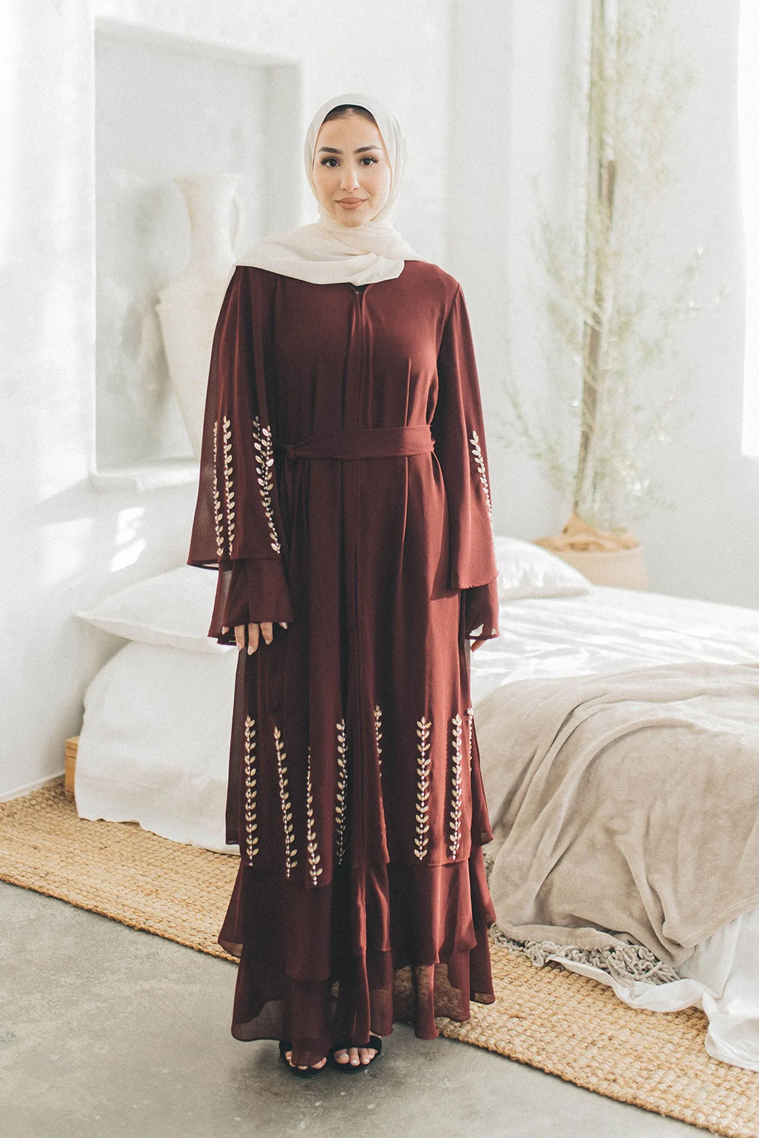 Amor Chiffon Layered Abaya- Mahogany