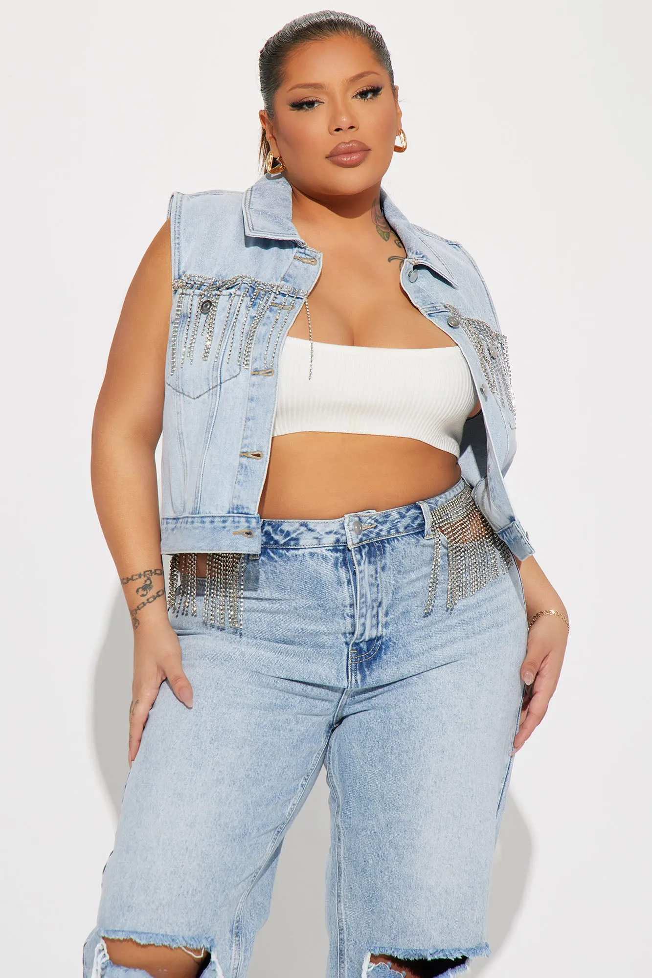 Amore Embellished Denim Trucker Vest - Light Blue Wash