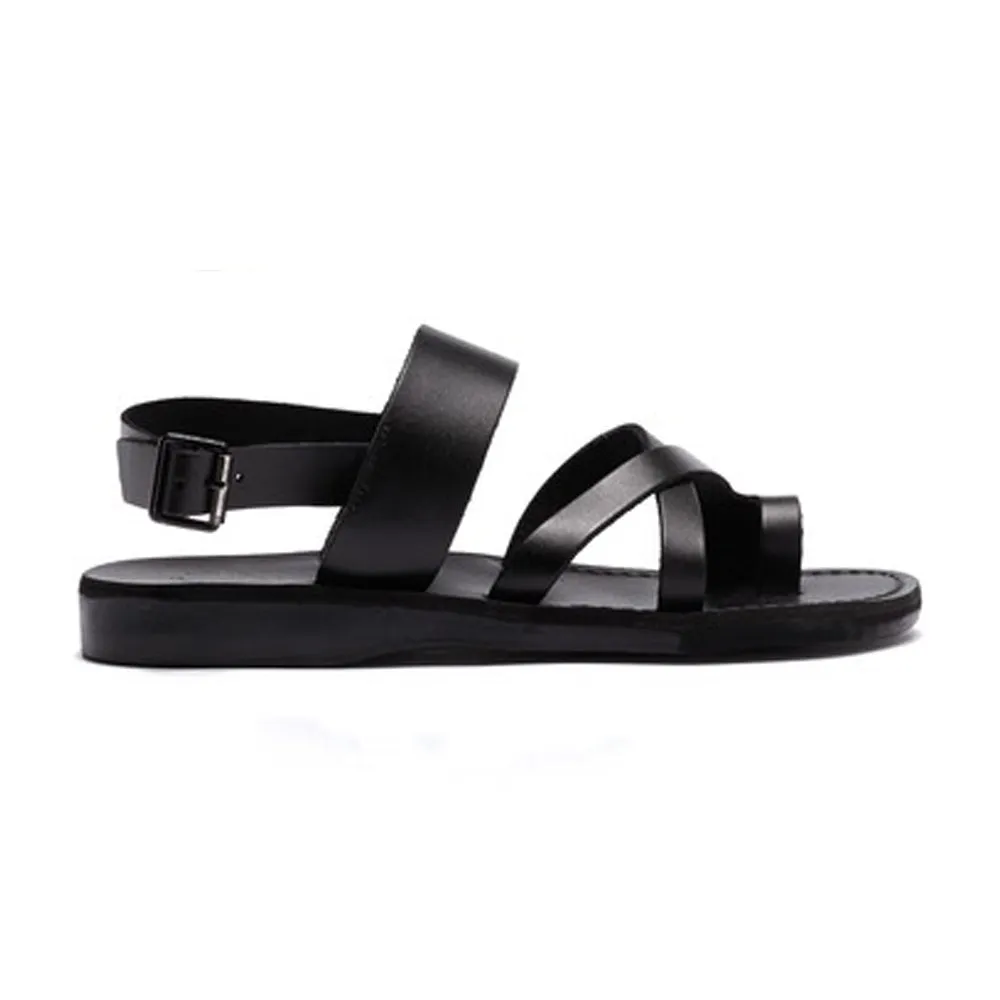 Amos - Leather Ankle Strap Flat Sandal | Black