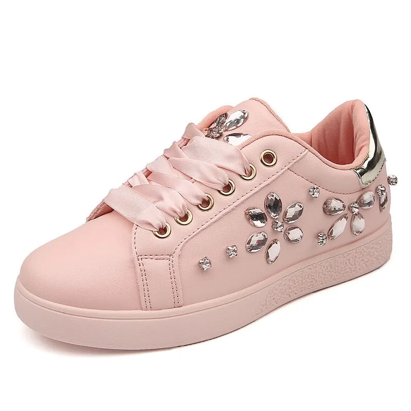 Amozae  2022 Fashion Sneakers Women Flats Rhinestone Woman Casual Shoes Soft Women's Sneakers Ladies Brand Shoes Pink Black White