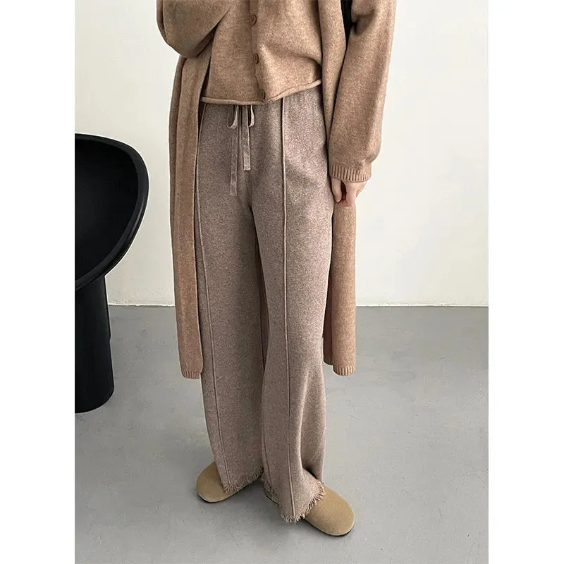 Amozae-Autumn Casual Outfits Amozae-Knit Straight Pants with Drawstring, Tassel Wide Leg Pants, Khaki, Black, Gray