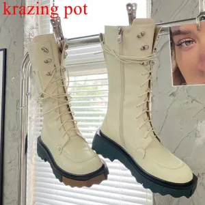 Amozae-Back to College Krazing pot genuine leather round toe motorcycles boots med heels vintage British metal rivets cross-tied punk mid-calf boots