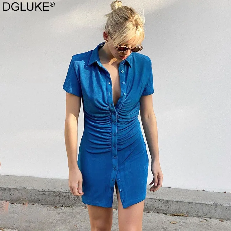 Amozae---hoco dresses  Short Sleeve Ruched Bodycon Dresses For Women   Summer   Mini Dress Blue Green Turn-Down Collar Button Up Shirt Dress