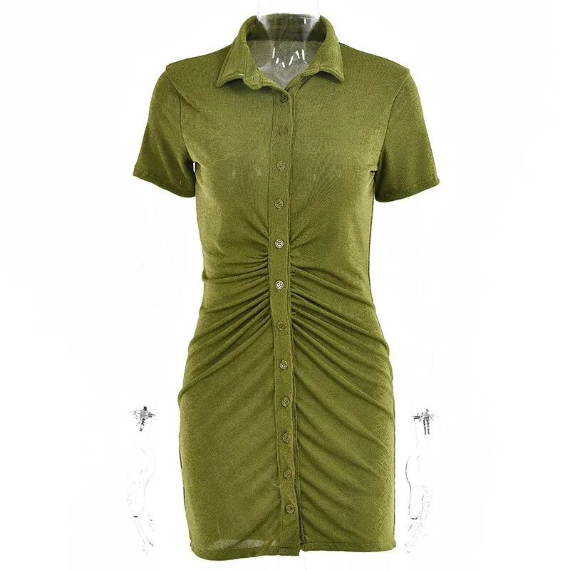 Amozae---hoco dresses  Short Sleeve Ruched Bodycon Dresses For Women   Summer   Mini Dress Blue Green Turn-Down Collar Button Up Shirt Dress