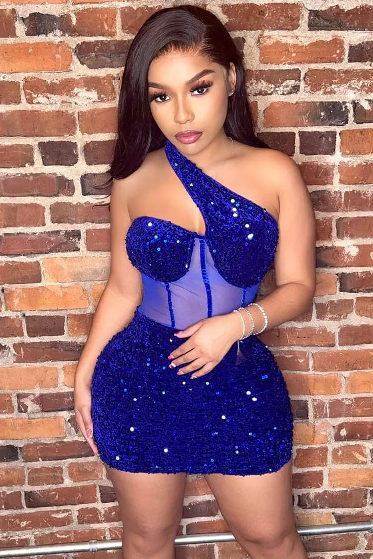 Amozae-hoco dresses -Sparkly One Shoulder Mesh Velvet Sequin Bodycon Party Mini Dress - Blue