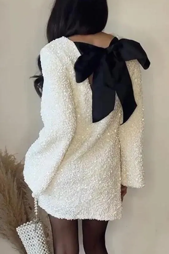 Amozae-hoco dresses -Sparkly Sequin Bow Tie Long Sleeve Oversized Velvet Party Mini Dress - White