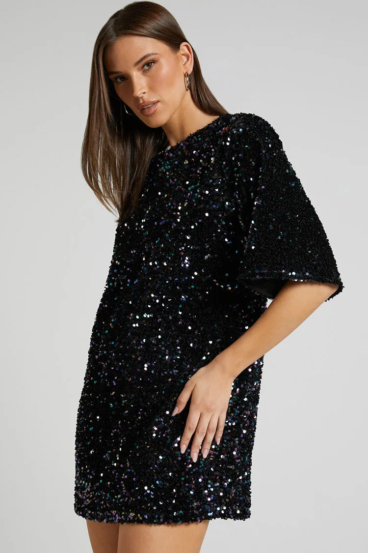 Amozae-hoco dresses -Sparkly Sequin Crew Neck Short Sleeve Oversized Velvet Party Mini Dress - Black