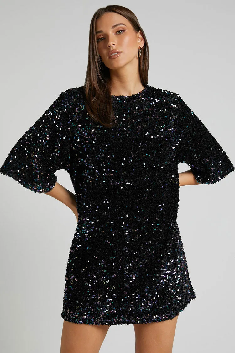 Amozae-hoco dresses -Sparkly Sequin Crew Neck Short Sleeve Oversized Velvet Party Mini Dress - Black