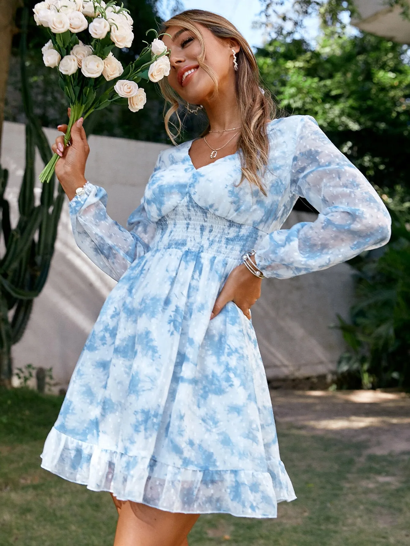 Amozae--hoco dresses   V-neck long sleeves ruffle summer mini dress women Blue corset tie dye beach dresses Elastic high waist a-line vestidos